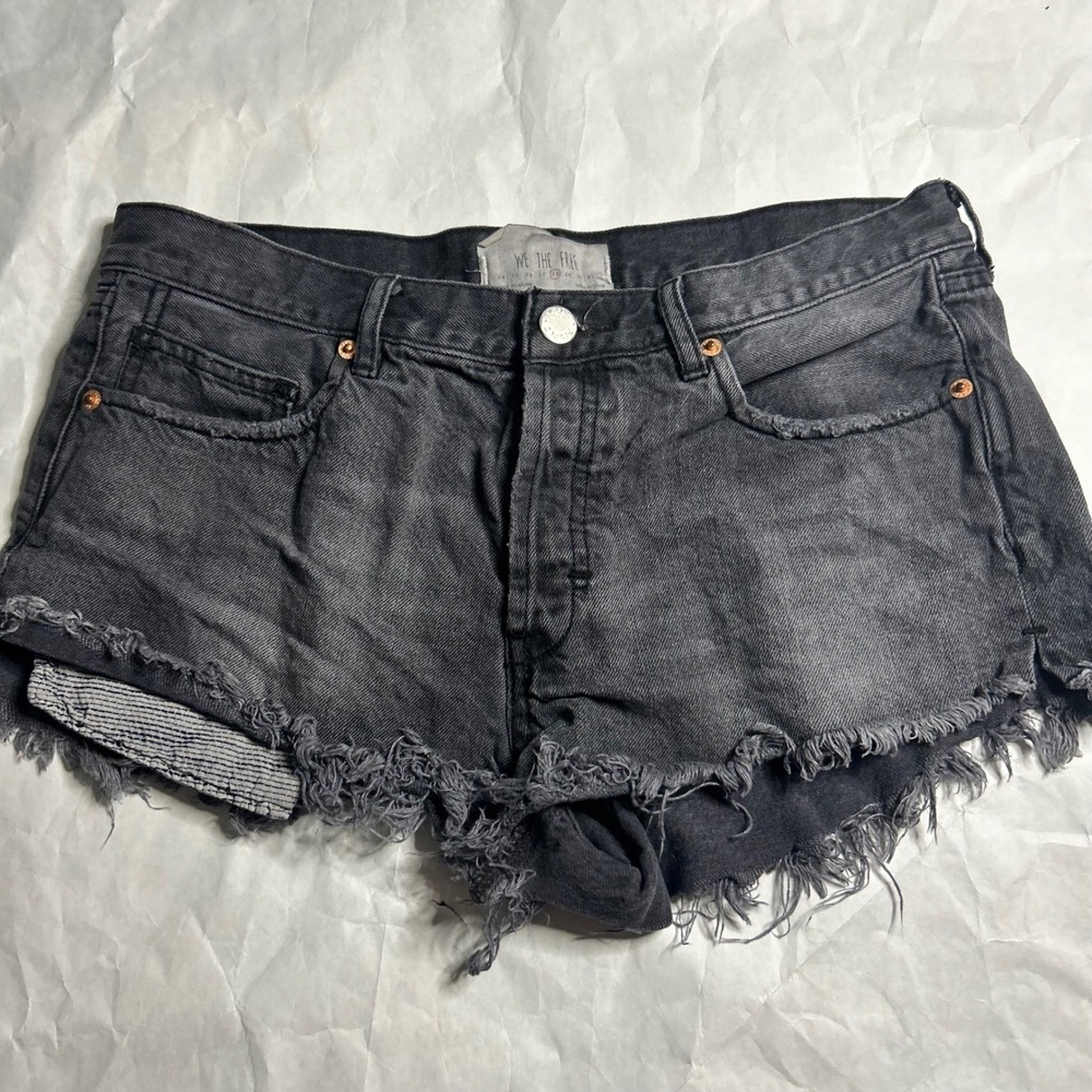 We The Free People Button Fly Distressed Frayed Hem Denim Shorts Gray Wash 28